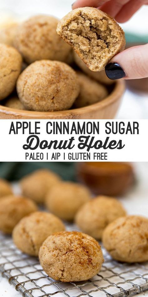 These paleo & AIP apple donut holes are a simple and delicious fall treat! They're paleo, egg free, AIP, and are made in the oven.  #FoodandDrink #Paleo #PaleoRecipes Modified Aip Recipes, Aip Apple Pie, Apple Donut Holes, Apple Donut, Cinnamon Sugar Donut Holes, Paleo Gingerbread, Aip Diet Recipes, Aip Snack, Aip Breakfast