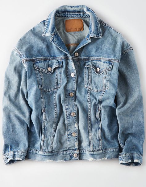 AE Boyfriend Fit Denim Jacket, Blue | American Eagle Outfitters American Eagle Dresses, American Eagle Jeans Ripped, Boyfriend Denim Jacket, Grey Denim Jacket, Outfit 2020, Fitted Denim Jacket, Dress With Jean Jacket, Style For Men, Trendy Jeans