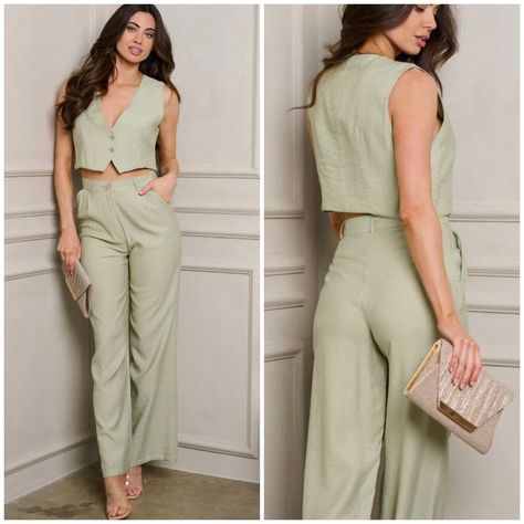 Vest And Pants Set Women, Sage Green Vest Outfit, Parlour Photoshoot, Wedding Guest Pants Outfit, Sage Green Outfit Ideas, Sage Green Outfits, Sage Green Fashion, Sage Green Jumpsuit, Garden Attire