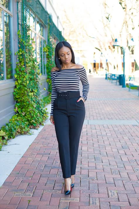 High Waist Trousers and Stripe Bardot | Prissysavvy Work Outfits Frauen, Casual Work Attire, Fashionable Work Outfit, Corporate Attire, Stylish Work Attire, Classy Dress Outfits, Classy Work Outfits, Stylish Work Outfits, Casual Work Outfits