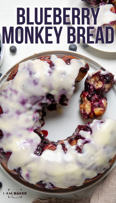 Blueberry Monkey Bread is a pull-apart treat made with layers of soft, buttery homemade dough and a sweet, tangy blueberry sauce, all drizzled with a cream cheese glaze. It’s perfect for breakfast, dessert, or as a snack any time of the day! Lemon Blueberry Pull Apart Bread, Desserts With Blueberries, Best Monkey Bread Recipe, Blueberry Monkey Bread, Blueberry Blitz, Blueberry Cream Cheese Bread, Monkey Bread With Canned Biscuits, Mini Monkey Bread, Pull Apart Cheese Bread