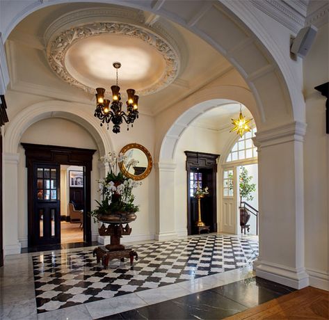 Grand Foyer Entrance, Modern Foyer Design, Sleek Console Table, Transitional Architecture, Sleek Console, Home Lobby, Hotel Foyer, Georgian Colonial, Statement Wall Art