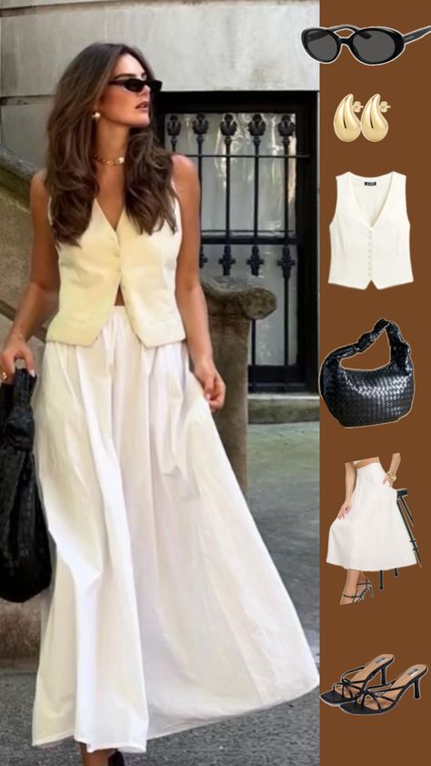 Long white skirt outfit idea with white linen vest top and black woven bag summer outfit ideas 2024 White Linen Skirt Outfit, Linen Skirt Outfit, White Skirt Outfit, Long White Skirt, White Skirt Outfits, Outfit Ideas 2024, Skirt Outfit Summer, White Linen Skirt, Class Outfits