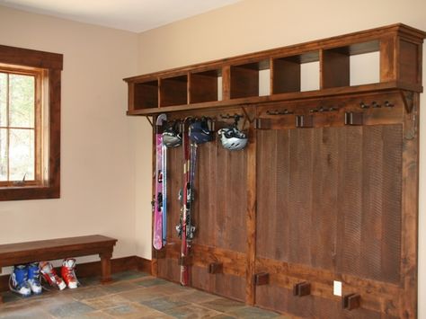 Mudroom Ski Rack                                                                                                                                                                                 More Ski Mudroom, Ski Mud Room, Gear Room, Ski Room, Ski Condo, Small Cabin Plans, Mudroom Organization, Ski Storage, Mud Rooms