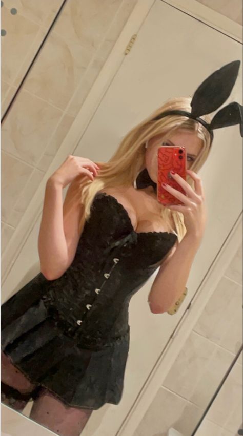 White And Black Bunny Costume, Black And White Bunny Costume, Black Playboy Bunny Costume, Hot Bunny Halloween Costumes, White Playboy Bunny Costume, Halloween Costumes Playboy Bunny, Playgirl Bunny Costume, Playboy Bunny Birthday Party Ideas, Killer Bunny Costume