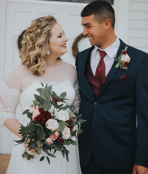 Burgundy, blush, white and cream wedding scheme come alive with this Bridal Bouquet and Boutonnière made with quicksand and blush pink roses, white and burgundy mums and mixed greenery. Bride And Groom Bouquet, Wedding Boutineers Burgundy, Burgundy And White Boutonniere, Wine Blush And Ivory Wedding, Burgundy And Blush Boutonniere, Burgundy Blush And Greenery Wedding, Burgundy And Blush Wedding Groomsmen, Burgundy And Cream Wedding, White And Cream Wedding