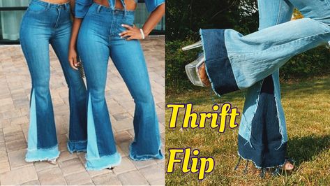 Diy your own two toned bell bottom jeans woth an added waistband! Check out the video and go see how to do it! Make Bell Bottoms Out Of Jeans, Diy Flare Jeans Bell Bottoms, How To Make Bell Bottom Jeans Diy, How To Make Bell Bottom Jeans, Diy Bell Bottom Jeans, Diy Hippie Clothes, Diy Flare Jeans, Diy Bell Bottoms, Jeans Thrift Flip