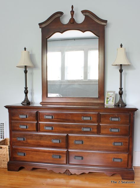 Furniture+Update+With+Hardware Updating Bedroom, Ethan Allen Dresser, Redecorating Bedroom, Hardware Bedroom, Dresser Update, Tiny Half Bath, Traditional Dresser, Cherry Bedroom, Cherry Dresser