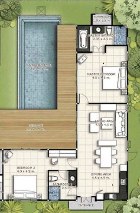 House With Swimming Pool, House With Pool, Pool House Plans, Casa Country, Modern Bungalow House, Small House Floor Plans, House Plan Gallery, Home Design Floor Plans, Tiny House Floor Plans