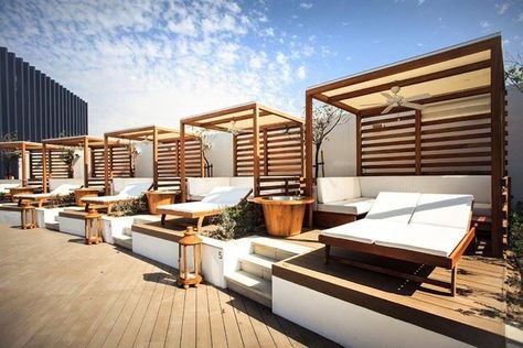 Beach Restaurant Design, Cabana Design, Grey Daybed, Rooftop Restaurant Design, Outdoor Cabana, Outdoor Restaurant Design, Pub Design, Nikki Beach, Rooftop Design