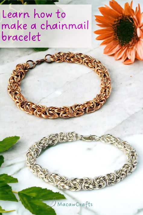 handmade bronze byzantine chainmail bracelet and the same in silver Beginner Chainmaille Tutorial, Byzantine Chainmaille Tutorial, Chainmail Bracelet Tutorial, Chain Bracelet Tutorial, Chainmaille Jewelry Patterns, Chain Bracelet Diy, Chainmaille Tutorial, Chainmaille Jewelry, Chainmail Bracelet