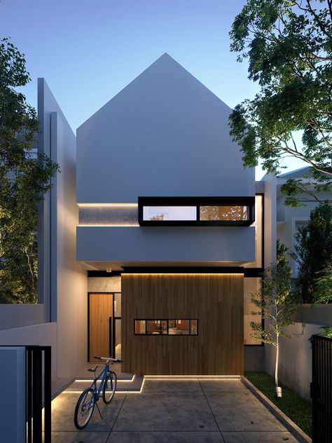 ReS House on Behance Facade Small House, Small Modern Villa Design, Row Houses Architecture, Small House Facade, Minimal Villa Design, Small Scandinavian House, Small House Exterior Design, Japandi House Exterior, Scandinavian Facade