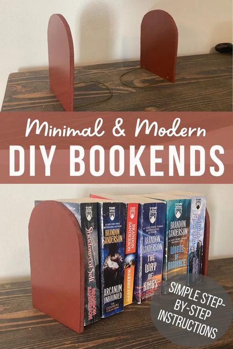 pinterest pin for DIY bookends Bookends Diy Make Your Own, Diy Heavy Bookends, Diy Bookend Ideas, Homemade Book Ends, Diy Wooden Bookends, Diy Bookends Dollar Stores, Diy Bookish Decor, Book End Ideas, Diy Bookends Easy