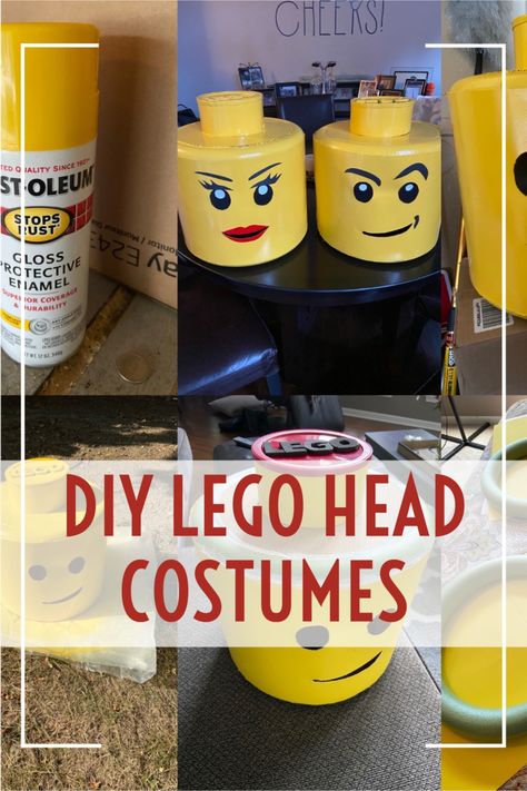 Cute and fun costume idea for Halloween! This is an easy DIY project. Diy Lego Halloween Costume, How To Make A Lego Costume Diy, Lego People Costume Diy, Lego Man Halloween Costume Diy, Diy Dodgeball Costume, Homemade Lego Costume, Family Lego Costumes, Lego Guy Costume, Diy Lego Costume Kids