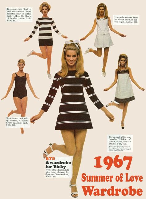 1967-Summer-of-Love late 60s mod short miniskirt dress stripes sportswear shorts pants white black brown mcm mod 60s Fashion Trends, 60’s Fashion, Style Année 60, 1960 Fashion, Rok Mini, 60s 70s Fashion, 60s And 70s Fashion, Fashion 1960s, Sixties Fashion