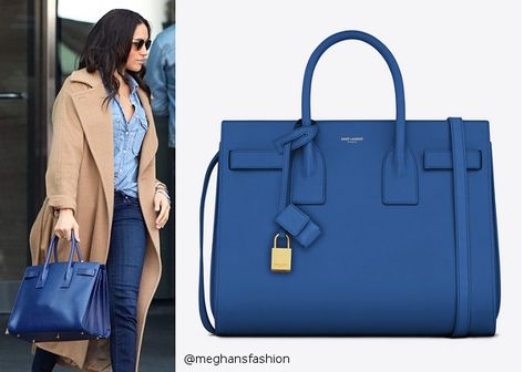 Saint Laurent Sac de Jour Bag in Royal Blue Leather aso Meghan Markle Ysl Blue Bag, Royal Blue Bag Outfit Ideas, Royal Blue Bag Outfit, Blue Saint Laurent Bag, Outfits With Blue Bag, Blue Bags Outfit, Blue Purse Outfit Ideas, Navy Blue Bag Outfit, Blue Bag Outfit Ideas