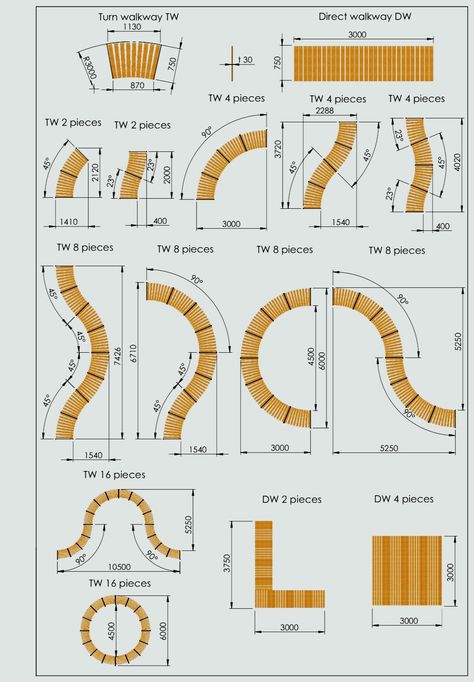 Make your own design walkway!  Walkways with geotextile are best on grass planted surfaces. The geotextile ensures that grass doesn't grow through. Cheap solution for bigger or smaller outdoor flooring areas! The radius curves are an economical solution for creating unique and evocative paths in your garden. By connecting the wooden walkways together with rounded curves it will be possible to draw sinuous paths that avoid obstacles, giving your green space an original and refined look. Thanks to the curves, the routes will be able to adapt perfectly to the terrain, bypassing trees or other elements present. Resistant to atmospheric agents and easy to install, these wooden walkways with curved joints will allow you to enhance every corner of your garden with style, creating fluid and evocat Curved Lawn, Outdoor Flooring Ideas, U Shaped Staircase, Side Walk, Paving Ideas, Wooden Walkways, Front Walkway, Backyard Seating, Garden Walkway