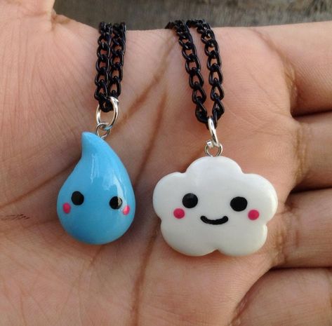 Kawaii raindrop and cloud necklace set by Saloscraftshop on DeviantArt Crea Fimo, Cloud Necklace, Polymer Clay Diy, Polymer Clay Jewelry Diy, Cute Polymer Clay, Polymer Clay Miniatures, Cute Clay, Clay Jewelry Diy, Clay Miniatures