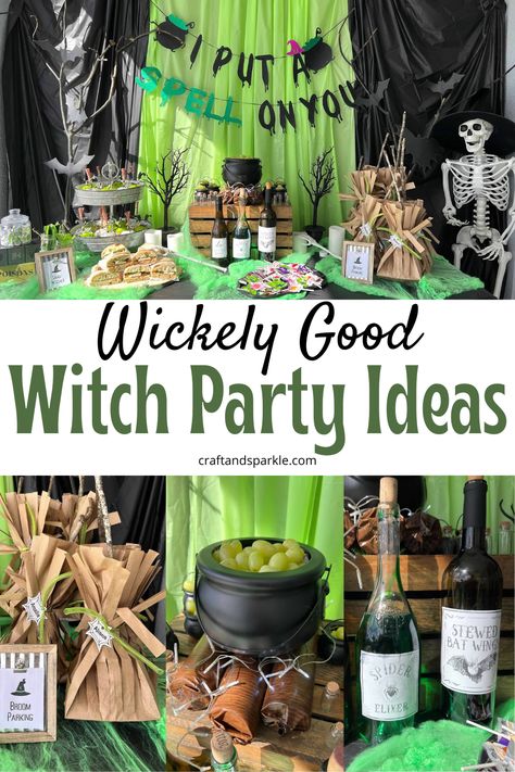 Witches Brew Party Ideas, Wizard Food Ideas, Witches Party Ideas For Adults, Halloween Party Gift Bags For Adults, Halloween Witch Potions, Drink Up Witches Party, Witches Night In Party Ideas, Witchy Ideas Diy, Witch Theme Food Ideas