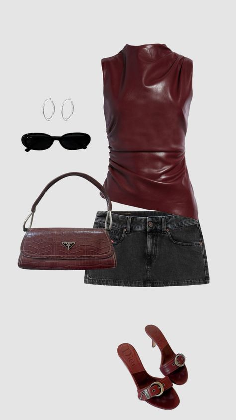 Wine Red Outfit, Fall Going Out Outfits Bar, Red Mini Skirt Outfit, Fashion Magazine Aesthetic, Leather Top Outfit, Leather Mini Skirt Outfit, Scorpio Fashion, Red Top Outfit, Magazine Aesthetic