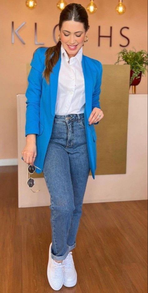 Blazer Azul Outfit, Outfits Con Blazer Azul, Look Blazer Azul, Style With Blazer, Casual Looks For Women, Fall Outfits Inspiration, Style Fall Outfits, Outfit Informal, Outfits Con Jeans