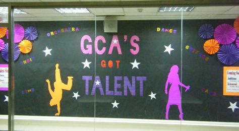 Talent Show Bulletin Board (2012). Huge bulletin board design I (Julia Harris) created for the talent show. This is part 1. The second part will come after talent show when I get pictures of the actual show and place on the board. Would've liked to make the side posters a little bigger, but I worked with what I had for supplies. The side posters are: Left (when the talent show is, what time it starts, and when to be there), and Right (when auditions and rehearsals are). School Talent Show Decorations, Talent Show Background, School Talent Show Ideas, Talent Show Decorations, Got Talent Show, Summer Camp Themes, Bulletin Board Design, Classroom Art Projects, School Event