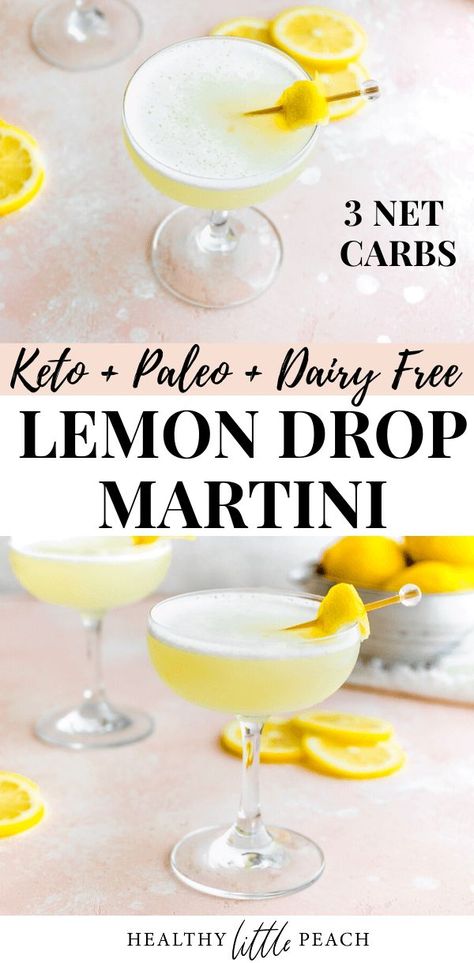 The perfect Keto Lemon Drop Martini that is perfect for weekend or date night sipping. This drink only has 3 NET CARBS and only requires 4 ingredients. Keto Lemon Drop Martini, Easy Healthy Cocktails, Keto Mixed Drinks Alcohol, Keto Cocktails Alcoholic Drinks, Paleo Cocktails, Date Night Cocktails, Lemon Drop Martini Recipe, Clean Cocktails, Healthy Little Peach