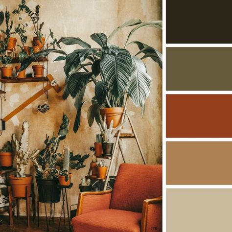 Natural and rustic colors that bring your boho color scheme up to style. This burnt orange chair, natural wall and these dark green plants are perfect boho colors for any room. #boho #decor #colorschemes #colors Sage Green Room Accents, Gold Color Scheme Bedroom, Rust Rug Bedroom, Plant Room Color Scheme, Boho Color Scheme Living Rooms, Boho Decor Color Palette, Jungle Boho Living Room, Apartment Color Palette Living Room, Boho Bedroom Color Palette