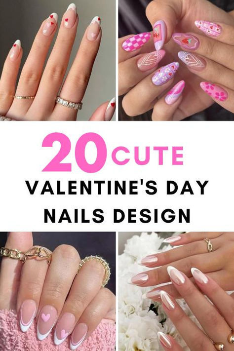 Valentine Almond Nails Designs, Valentine Nails Designs Simple, White And Pink Valentines Day Nails, Cute February Nails Pink, Simple Valentines Nails Short Almond, At Home Valentines Nails, Valentines Almond Nails Designs, Cute February Nails Acrylic, Simple February Nails Almond