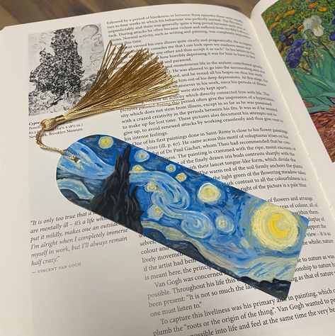 Hand painted Starry Night acrylic bookmark with tassel Starry Night Bookmark, Bookmarks Ideas, Valentines Day Wine, Bookmark With Tassel, Bookmark Ideas, Bookmark Card, Van Gogh Sunflowers, Night Book, Custom Bookmarks