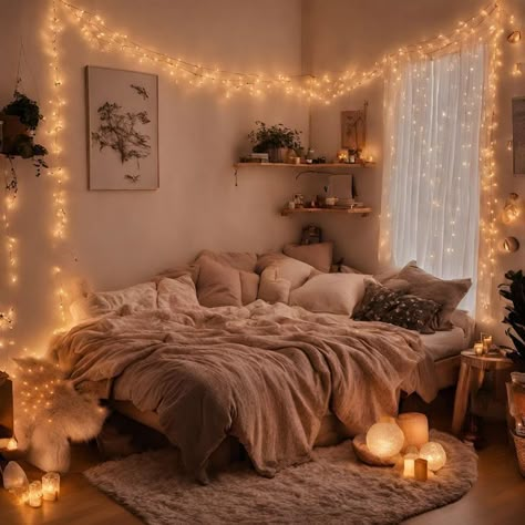 Small Cosy Room Ideas, Fluffy Room Ideas, Cozy Bedroom Aesthetic Small Room, Cute And Cozy Bedroom Ideas, Rustic Cozy Room Ideas Aesthetic, Cozy Astetic Bedrooms, Cozy Bed Corner, Rustic Room Decor Ideas, Teenage Girl Bedrooms Cozy