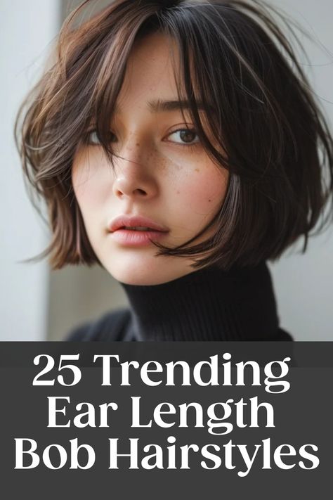 Woman with a trendy ear-length bob haircut. Soft Long Bob Haircut, Short Haircut Styling, French Bob With Side Swept Bangs, Wide Face Short Hair, French Bob For Fine Hair, Short French Bob With Bangs Fine Hair, Short Hairstyle Women Japanese, Short Bob Hairstyles 2024, Short Bob No Bangs