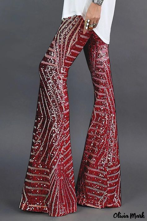 Olivia Mark - Wide red sequined pants Sequined Pants, Casual Summer Pants, Drape Maxi Dress, Estilo Rock, Sequin Pants, Midi Dress Casual, Flared Pants, Pantalon Large, Maxi Knit Dress