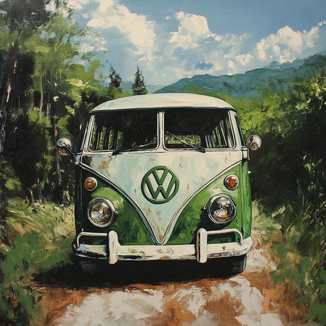 Add some character to your home with this charming and unique oil painting of a green Volkswagen bus. Measuring 36x36 inches, this one-of-a-kind piece is sure to make a statement in any room. The vibrant colors and intricate brushwork perfectly capture the beloved design of the iconic camper, evoking feelings of nostalgia and wanderlust. Created with high-quality oil paints on canvas, this original painting is a must-have for any art enthusiast. Its whimsical and cheerful depiction of the classi Vw Bug Painting, Green Volkswagen Bus, Vw Bus Painting, Volkswagen Painting, Volkswagen Bus Art, Road Painting, Bus Art, Classic Campers, Art Enthusiast