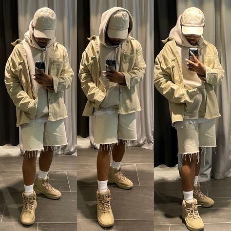 Summer transition into Autumn. Basic hood layered with oversized overshirt. Paired with Yeezy desert boot. Yzy Dsrt Boot Outfit, Yeezy Desert Boots Outfit Men, Yeezy Boots Outfit Men, Yeezy Desert Boots Outfit, Desert Boots Men Outfit, Army Boots Outfit, Desert Boot Outfit, Yeezy Desert Boots, Desert Boots Outfit