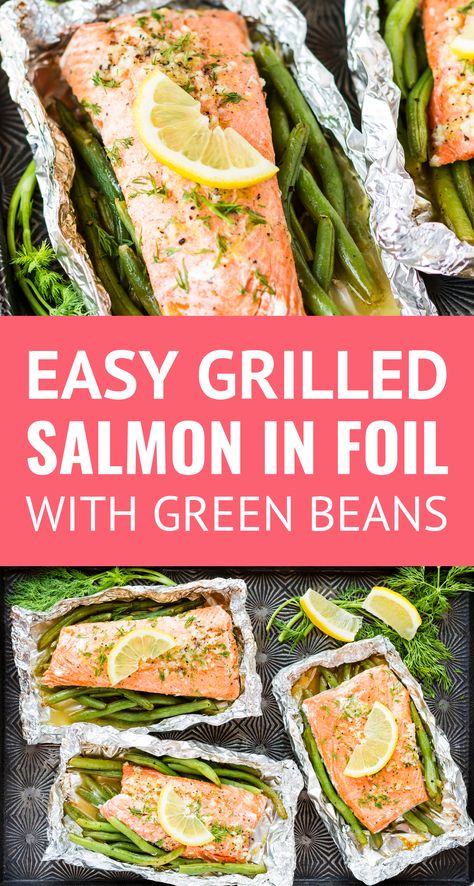 Easy Grilled Salmon In Foil -- this simple salmon in foil recipe is packed with lemony garlic butter flavor! Adding green beans to the packet means you have have a healthy protein and side dish on the table in under 30 minutes… | grilling salmon in tin foil | salmon on the grill | salmon foil packets | easy salmon in foil | garlic butter salmon in foil | salmon in foil with green beans #salmonrecipes #grilling #salmon #greenbeans #grill #lemonbutter Tin Foil Salmon, Foil Salmon, Salmon On The Grill, Grilling Salmon, Easy Grilled Salmon, Salmon Green Beans, Salmon In Foil Recipes, Salmon Foil Packets, Grill Salmon