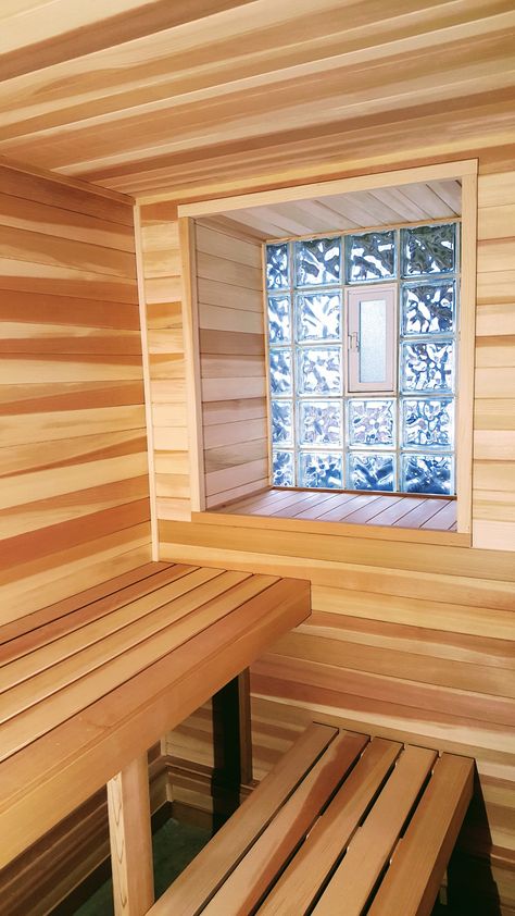 Sauna Bench, Sauna Ideas, Windows Bathroom, Wood Sauna, Home Sauna, Glass Block Windows, Sauna House, Ceramic Tile Bathrooms, Indoor Sauna