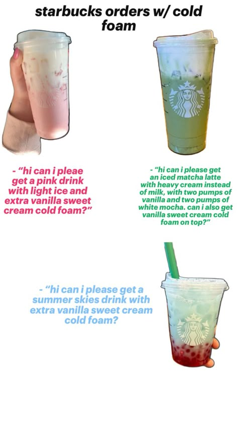 starbucks order inspo ideas sweet vanilla matcha summer drink pink drink Vanilla Sweet Cream Cold Foam, Matcha Starbucks, Pink Drink Starbucks, Sweet Cream Cold Foam, Vanilla Sweet Cream, Cream Cold Foam, Sweet Matcha, Starbucks Hacks, Starbucks Matcha