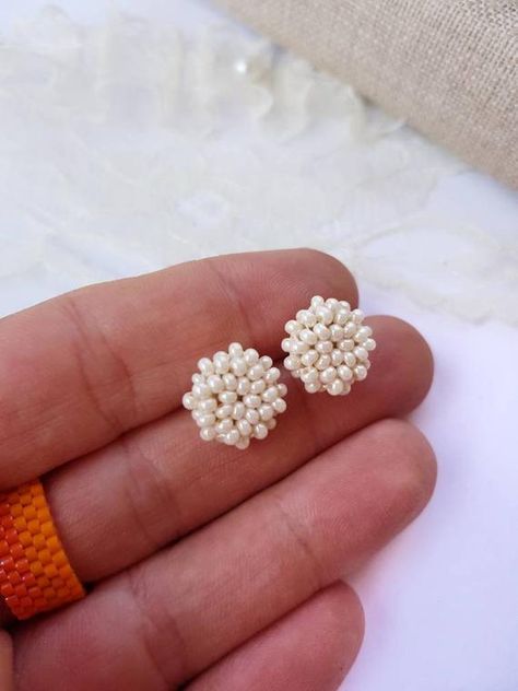 Small Beads Earrings, Seed Pearl Earrings, Small Handmade Earrings, Pearl Beaded Earrings, Seed Bead Stud Earrings, Wedding Pearl Earrings, White Beaded Earrings, Bead Stud Earrings, Beaded Stud Earrings