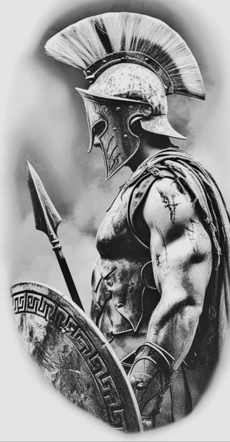 300 Movie Tattoo Design, Spartan Warrior Tattoo For Men, Spartan Tattoo Design, Spartan Warrior Tattoo, Sparta Tattoo, Tattoo Half Sleeve, Warrior Tattoo Sleeve, Greek God Tattoo, Shield Tattoo