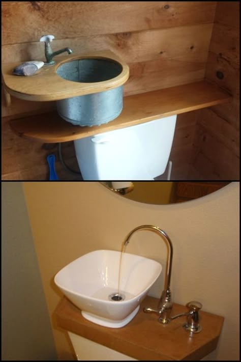 Save money by reducing water consumption with this DIY toilet tank sink! Toilet Sink Combo, Small Toilet Room, Toilet Sink, Diy Toilet, Toilet Room, Small Toilet, New Toilet, Tiny House Bathroom, Tiny Bathrooms