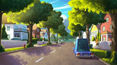 Neighborhood Street, Return To Sender, Sci Fi Landscape, Environment Painting, Pixel Animation, Color Script, First Day Of Work, City Background, Book Illustration Art