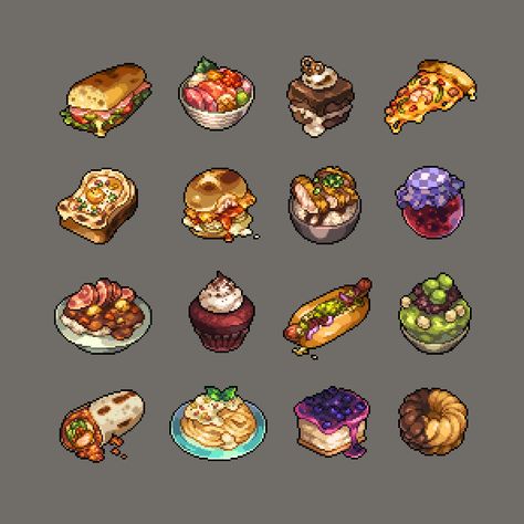 ArtStation - FOOD !, Dimcember 하소영 Pixel Art Food 32x32, Video Game Food Art, Game Food Art, Pixel Food Icon, Pixel Character Sprite Sheet, Pixel Art Illustration, Pixel Food Art, Pixel Art Items, Food Pixel Art