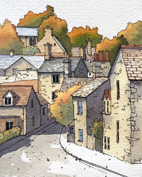 Countryside Watercolor, Autumn Village, British Village, Village Drawing, Watercolor House Painting, Watercolor Art Landscape, Watercolor Architecture, Drama Songs, Sketching Drawing