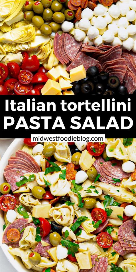 2 close up photos of Italian tortellini pasta salad Antipasto Pasta Salad, Antipasto Pasta, Antipasto Salad Recipe, Antipasto Pasta Salads, Sliced Salami, Pasta Salad With Tortellini, Antipasto Salad, Red Wine Vinaigrette, Tortellini Pasta