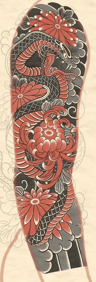 Japanese Traditional Dragon Tattoo, Japanese Snake Tattoo Design, Snake Japanese Tattoo, Sleeve Japanese Tattoo, Tattoo Red And Black, Japanese Snake, Japanese Tattoo Words, Japanese Snake Tattoo, Traditional Japanese Tattoo Designs