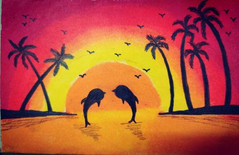 Sun Set Drawing, Scenery Drawing With Oil Pastels, Sunset Scenery Drawing, Oil Pastels For Beginners, Dolphin Sunset, Drawing With Oil Pastels, Pastels For Beginners, Using Oil Pastels, Sun Drawing