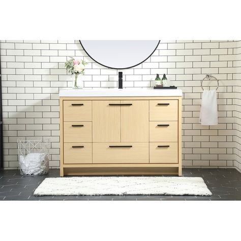 Mercury Row® Burmeister 48" Single Bathroom Vanity Set | Wayfair Maple Bathroom Vanity, 48 Inch Bathroom Vanity, 36 Inch Bathroom Vanity, Engineered Stone Countertops, Resin Countertops, Integrated Sink, White Counters, White Countertops, Wood Vanity