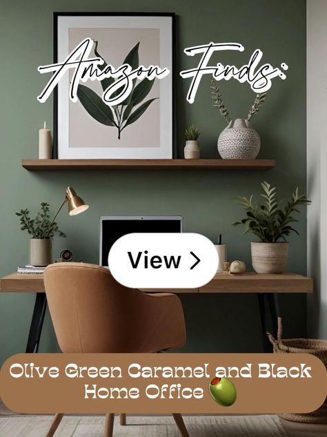 Lemon8 · Olive Green Caramel and Black Home Office 🫒  · @Marathebratt Tan Office, Black Home Office, Green Office, Black Home, Store Fronts, Black House, Olive Green, Caramel, Home Office