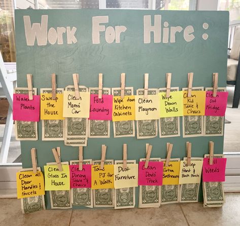 Chore Chart To Earn Money, Family Job Chart, Chores Money Board, Jobs For Hire Chore Chart, Chores For Money Chart, Chore Board With Money, Extra Chores For Money, Chore Money Chart Reward System, Chore Store Ideas